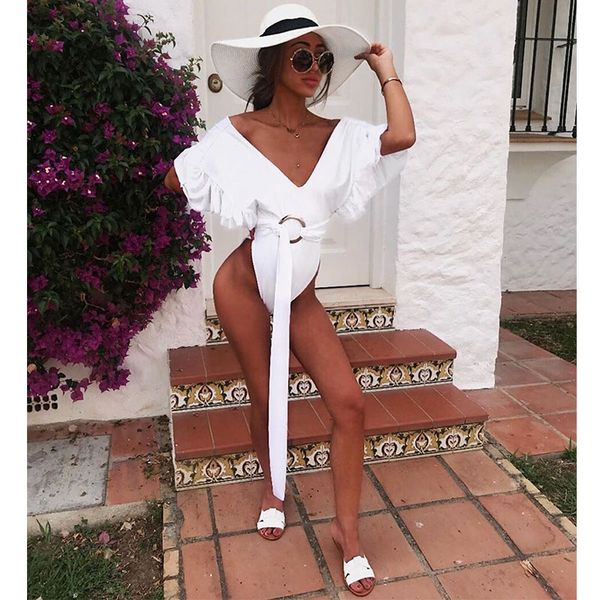 

one piece swimsuit 2020 ruffle swimwear women swimsuit push up bathing suit beach wear monokini bandage bodysuit, White;black