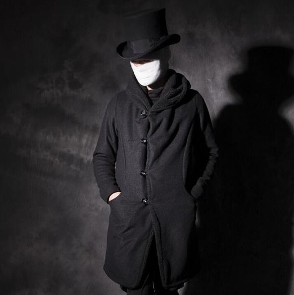 

winter new men plus velvet thick tide long coats personality korean of the slim show trench coat warm fashion male hooded jacket, Black