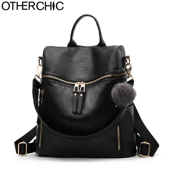 

otherchic fashion pu leather women backpacks black with hanging hair ball plain shoulder bags casual backpack knacksack 8n12-14