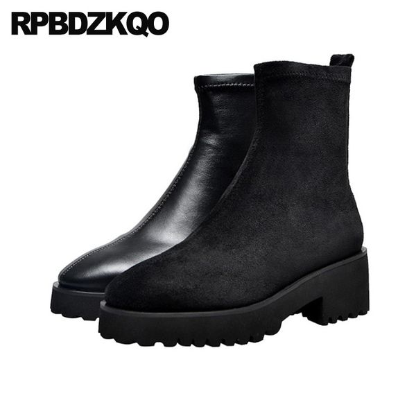

winter short chunky fur designer autumn suede shoes warm ladies women ankle boots medium heel genuine leather black fall brand