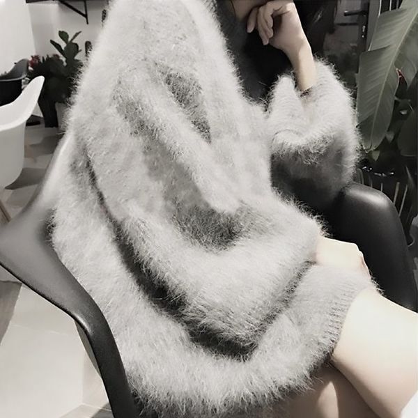 

korean loose half-high collar pullover sweater autumn and winter thick trumpet sleeves faux mink jacket lazy sweater women long section, White;black