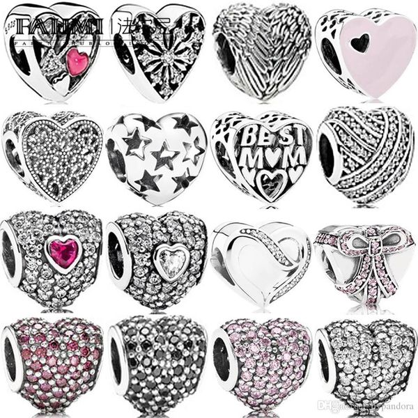 

hywo 100% 925 sterling silver charm red black pave openwork angelic feathers ribbon of love clear frosted heart struck by love enamel