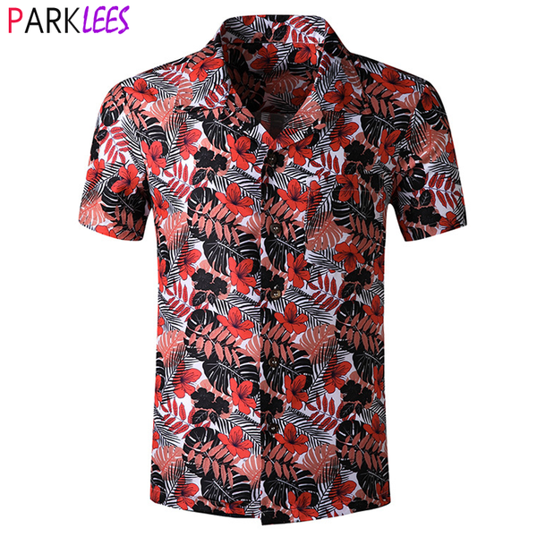 

leaves floral print hawaiian shirt men 2020 summer style tropical aloha shirts mens casual sea holiday vacation clothing chemise, White;black