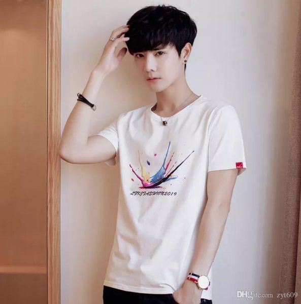 

100% чистый хлопок] лето 2019 новая короткие рукава футболки для мужчин и корейской мода печати на куртку подростка студента мужского, White;black