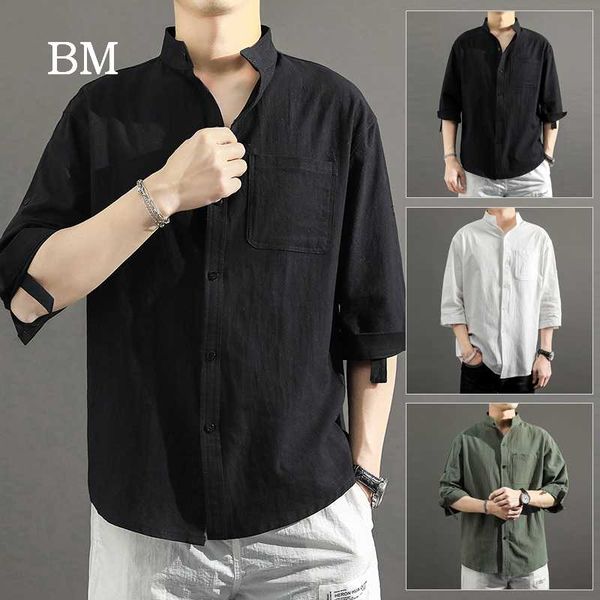 

summer thin linen shirt male loose short sleeve 5xl korean fashion casual five point sleeve men harajuku black clothing, White;black