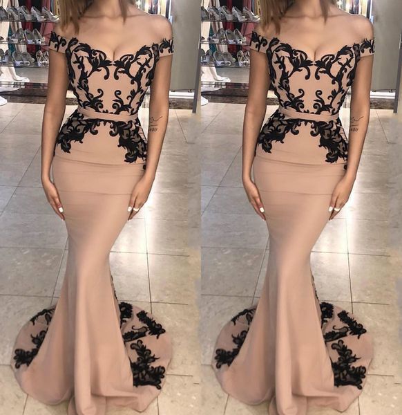 

mermaid evening dresses off the shoulder black appliques satin sweep train belt prom dress custom made formal occasion gowns