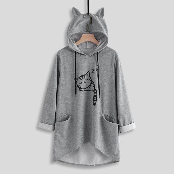 

women's sweatshirt women's fashion long sleeve fish print cat ear hoodie sweatshirt pullover blouse bangtan blackpink, Black