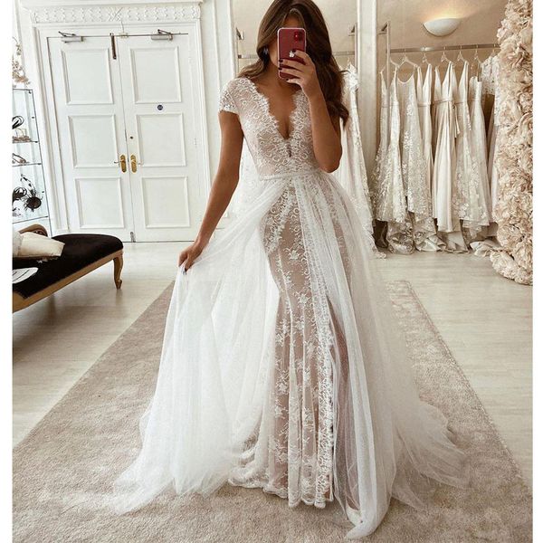 

2020 arabic aso ebi lace mermaid beach wedding dresses deep v-neck bridal dresses vintage high split wedding gowns, White
