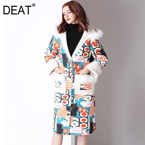 

deat] 2019 new fashion women's caot panelled geometric print long length suede lining high-end fur hooded leisure clothes aq290, Black