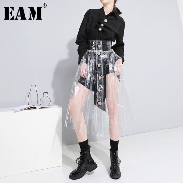 

eam] 2020 spring new fashion personality high waist button transparent asymmetrical skirt double pockets women yc41700, Black;gray
