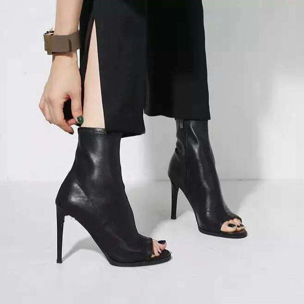 

eoeodoit women high stiletto heels boots spring autumn peep toe mid calf leather pumps super high heel black all match booties