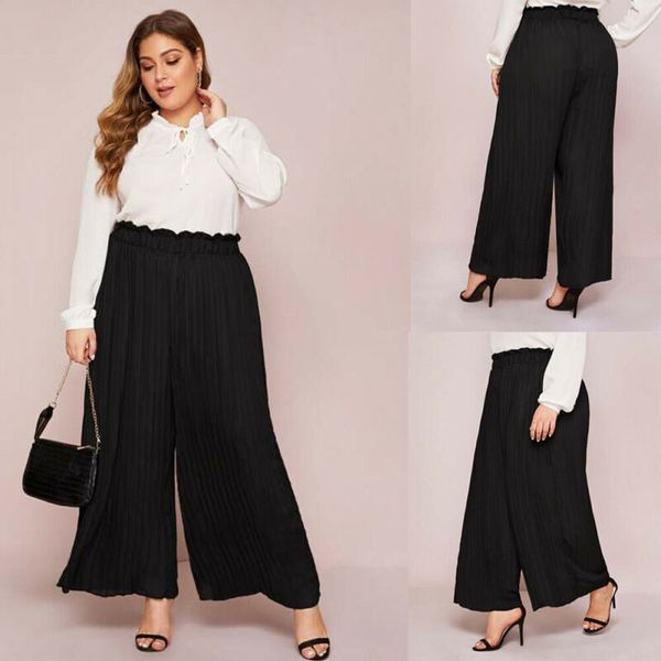 

plus size women's long loose wide leg pants ladies high waist ruffles chiffon pleated trousers black pants xl-4xl, Black;white
