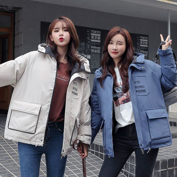

2019 fur collar letter print pocket coats female warm wadded jacket womens outerwear parkas casaco feminino inverno, Black