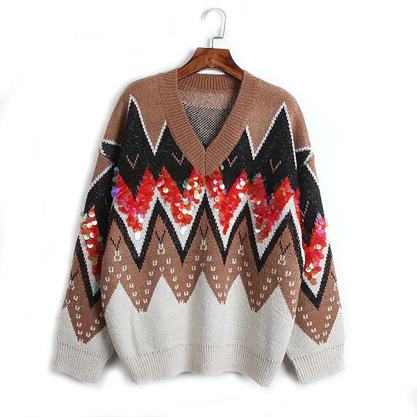 

2019 autumn new women sweaters luxury loose designer women sweater v-neck letter fashion sequined woman embroidery sweater knit, White;black