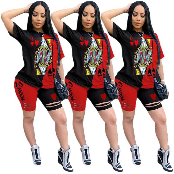 

women's casual 2 piece outfits short sleeve cartoon poker print t-shirt bodycon shorts set jumpsuit rompers, White