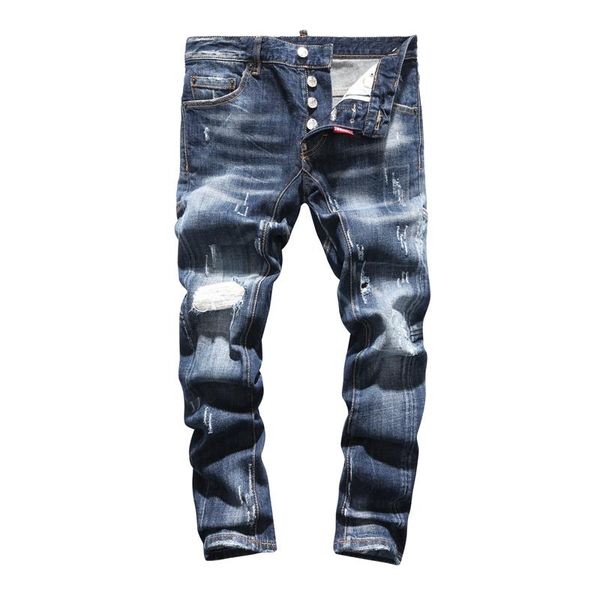 

fashion men jeans mens slim casual pants elastic trousers pants for male joggers knee holes slim straight biker jeans, Blue