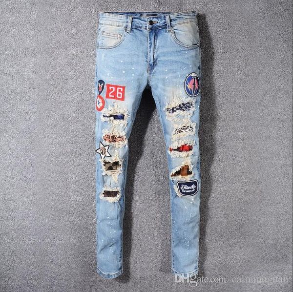 

22 дизайн марка мири джинсы дизайнер одежды брюки off road panther black soldier mens denim тонкий прямой hip байкер hole hop jeans men, Blue