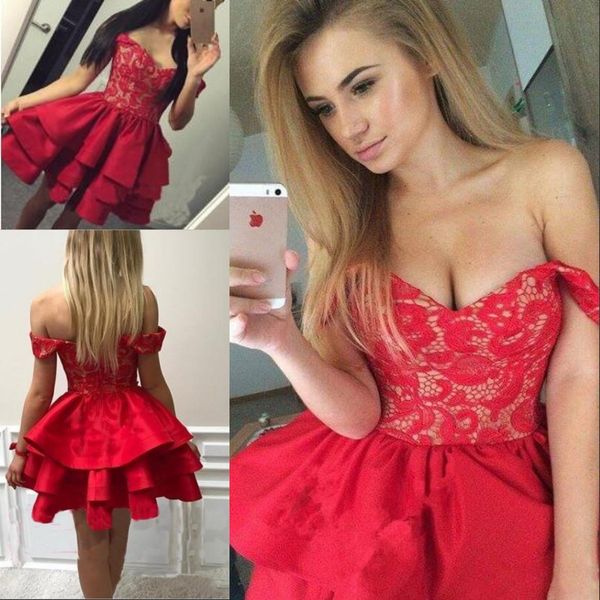 

красное короткое платье для выпускного вечера с оборками tiered 2020 дешевые с открытыми плечами и кружевами мини выпускные вечерние платья, Black