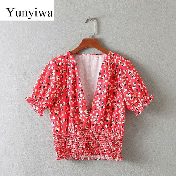 

2019 new women fashion v neck floral print causal smock blouse shirt women chic hem elastic ruffles blusas chemise, White