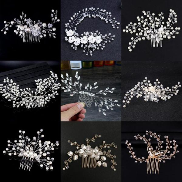

handmade crystal and beads bridal hair vine pearls flower headdress rhinestone wedding hair comb for women accessories jewelry, Golden;white