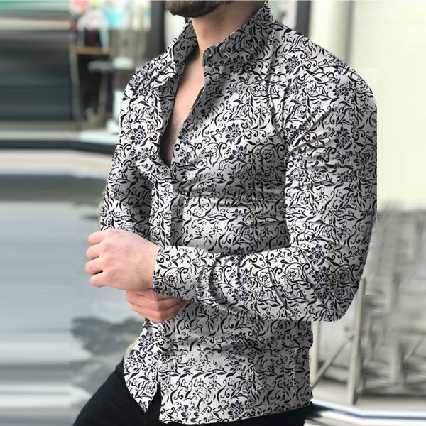 

fashion men's shirt chemise casual comfort printed floral long sleeve shirt button streetwear blouse men camisas, White;black