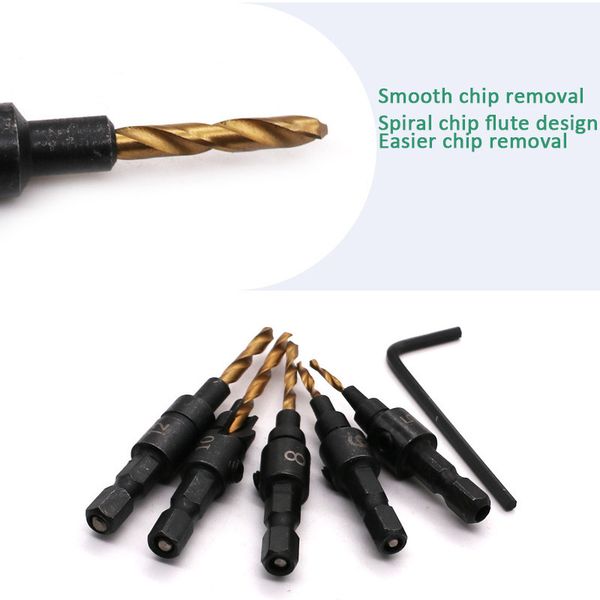 

5pcs countersink drill woodworking drill bit set drilling pilot holes with hex key wrench titanium coated #5 #6 #8 #10 #12 new
