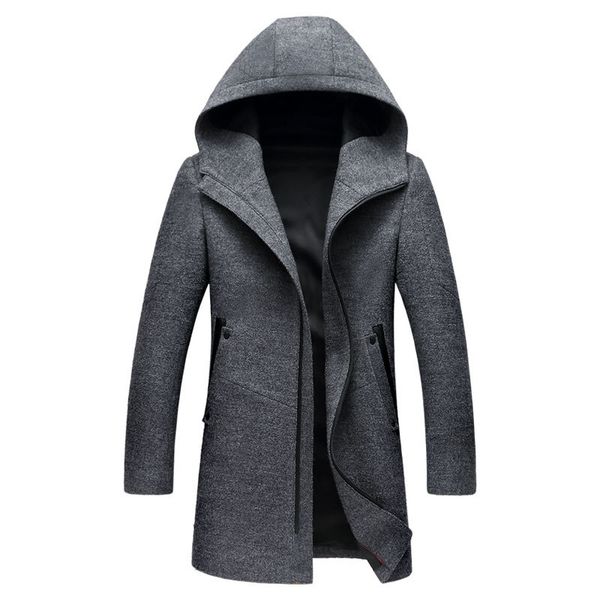 

mens hooded wool overcoat for men autumn winter coat male peacoat long woolen jacket korean slim fit windbreaker, Black
