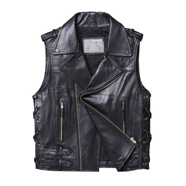 

new stylish genuine leather vests men real sheepskin motorcycle waistcoats vest jacket casual punk hip hop male biker gilet, Black