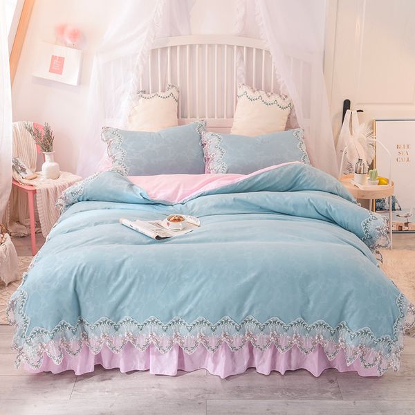 

korean style lace edge washed cotton flat bed sheet duvet cover set pink girls twin  king 3/4pcs
