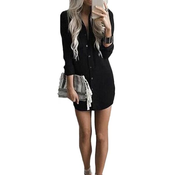 

women fashion solid turndown collar party soft long sleeve buttons loose casual attractive shirt dress daily shopping, Black;gray