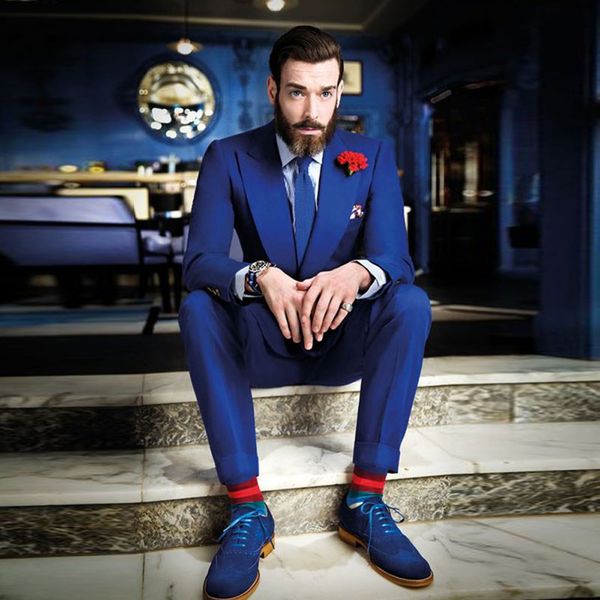 

custom royal blue prom party groom tuxedos men suits for wedding man blazers 2piece latest coat pants designs groomsmen suits evening party, Black;gray