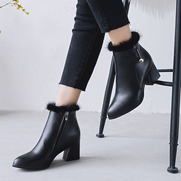 

pointed toe women's leather boots faux fur square heeled fashion women's boots autumn side zipper warm high heel short boot, Black