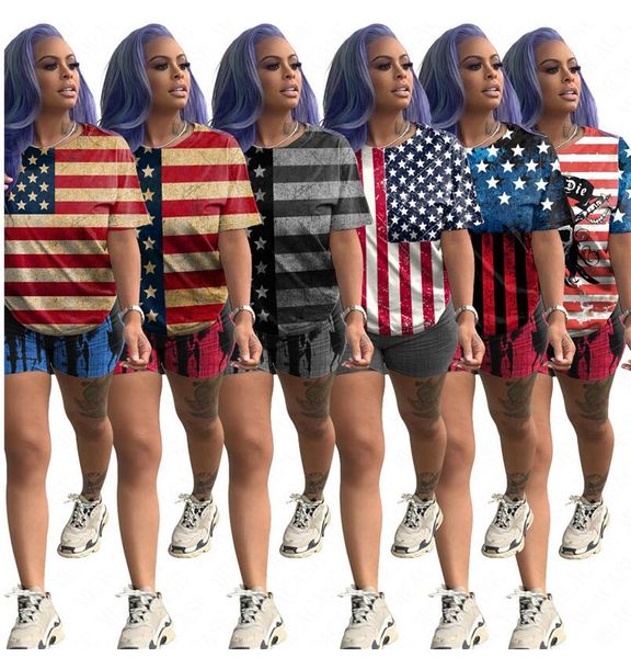 

american flags designer women tracksuit the stars and stripes print t-shirts and shorts two piece casual outfits jogger suit clothed d61904, White