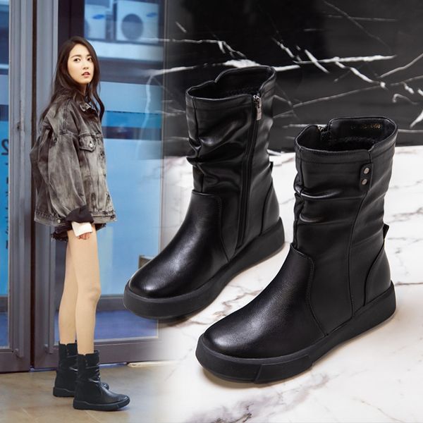 

2020 winter retro british style thick bottom waterproof platform boots mid heel flat women boots, Black
