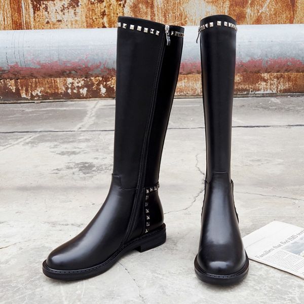 

high new designer winter women knee boot genuine leather rivet zipper round toe boot us size 4.5- chirstmas gift 901-30, Black