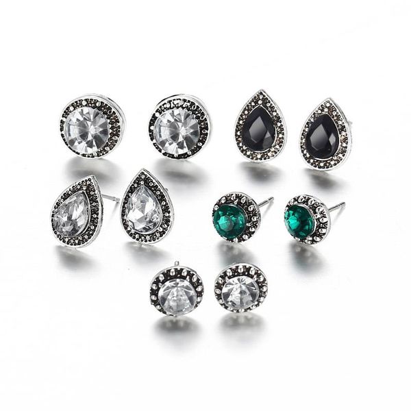 

vintage fashion simple 5 pairs of tear shape round stud earrings set bohemian earrings women for gifts, Silver