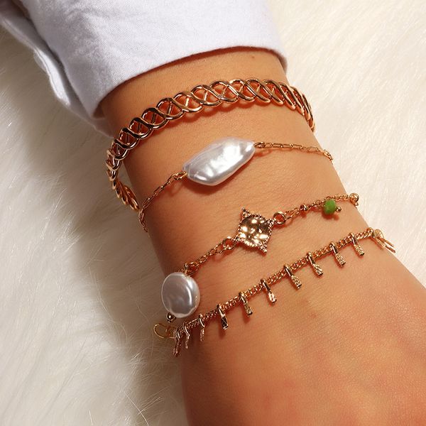 

2020 new boho simulated-pearl metal chain tassel hollow flower bracelet set for women charm fashion party bohemia beach jewelry, Golden;silver