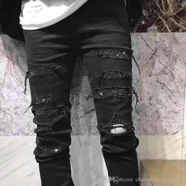 

Amiri black diamond jeans отверстие мужчины и женщины длинные брюки стрейч тонкий прямой тонкий промытый разрушенный рваные джинсы повседневные брюки
