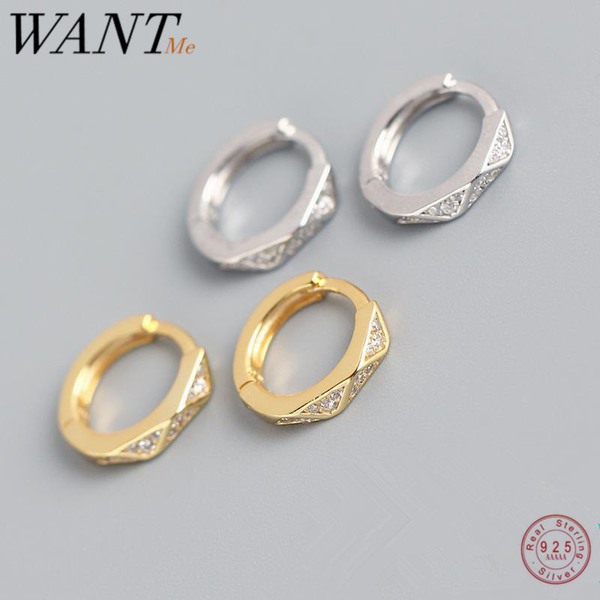 

wantme ins genuine 925 ssterling silver pavÃ© crystal zircon minimalist geometric ear hoop stud earrings for women fine jewelry, Golden;silver
