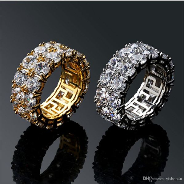 

mens 2 row iced out 360 eternity gold bling rings micro pave cubic zirconia 18k gold plated simulated diamonds hip hop ring with gift box, Golden;silver