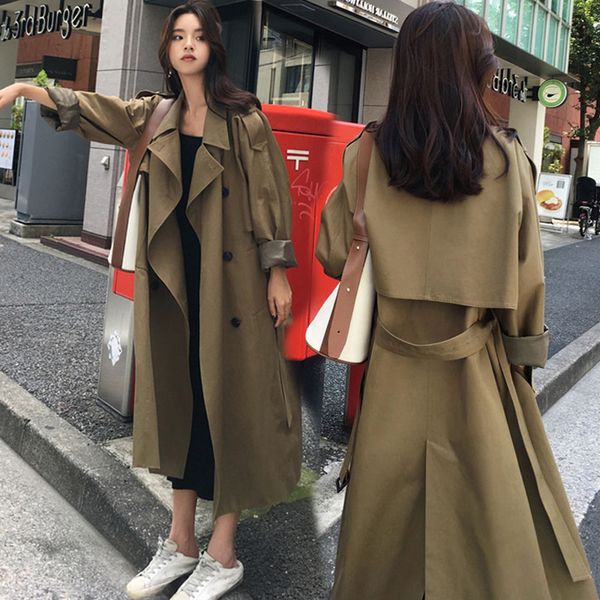 

windbreaker female medium and long korean version 2019 fall new waist skinny girl army green knee coat women coat, Tan;black