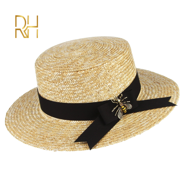 

rh summer wheat straw flat hat natural color ladies boater sun visor fedora cap with bee decoration, Blue;gray