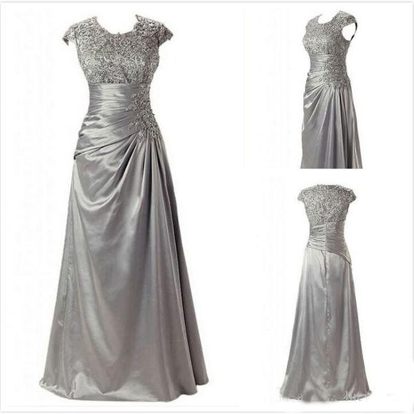 

Cap Sleeves Jewel Neck Mother of the Bride Dresses Zipper Back Pleating Beads Satin Evening Gowns Custom Made Wedding Guest Dresses