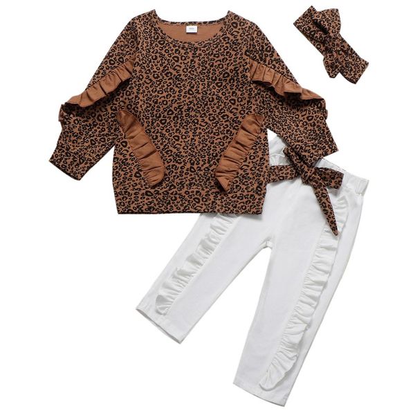 

children's sets t-shirt pants bow hair band girls fashion leopard ruffles long sleeve shirt trousers spring and autumn new, White;black