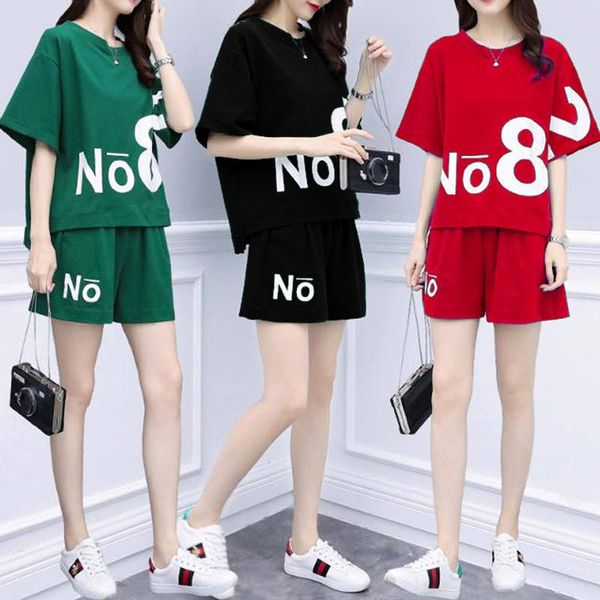 

women's loose casual sports suit summer loose t-shirt shorts two-piece suit outdoor running breathable, Black;blue