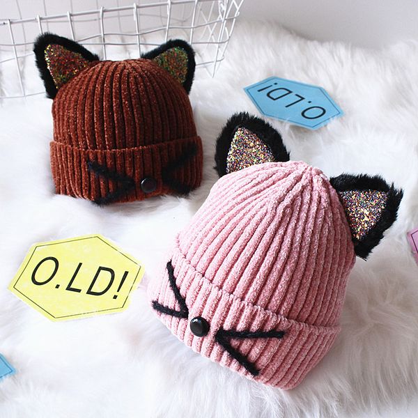 

winter baby hat cartoon sequins cat ear baby boy girl kids knitted cap warm children woolen cap beanie, Yellow