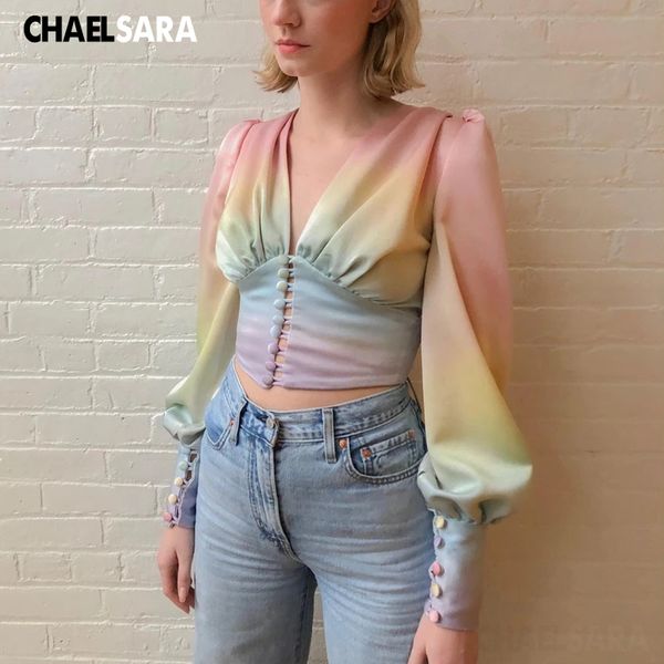 

2020 новый корейский gradient sexy v-образным вырезом шифон блузки и рубашки женщины chic с длинным рукавом короткие топы, White