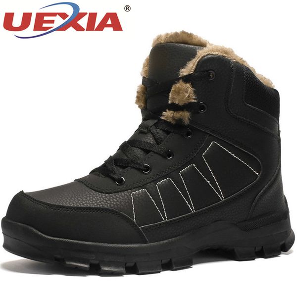 

uexia handmade thick plush warm men snow boots anti-skidding leather outdoor comfy winter men shoes snow boots durable outsole, Black
