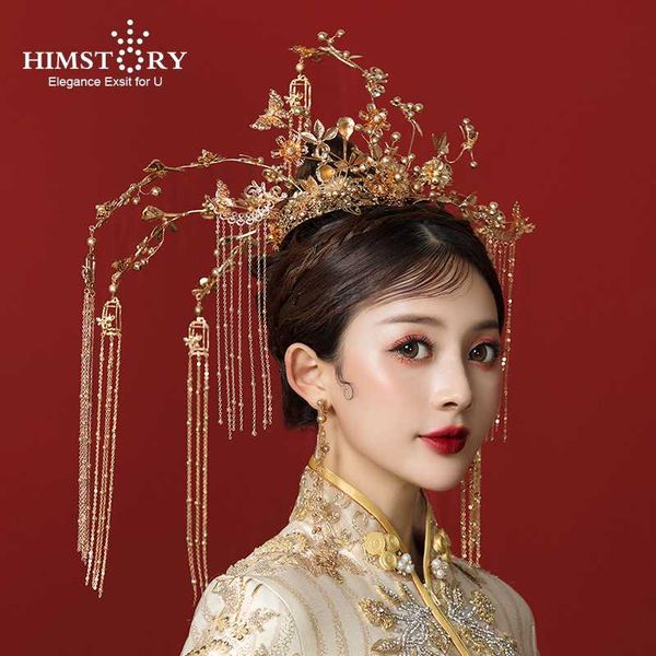 

himstory ancient chinese bride wedding golden hair tiara princess hair crown piece with long tassel phoenix headdress accessory, Golden;white