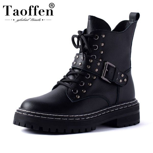 

taoffen lady punk ankle boots real leather fashion flats motorcycle boots rivets platform winter warm fur shoes women size 35-40, Black
